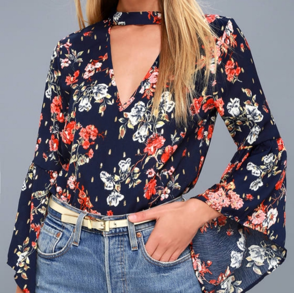 Paquin Navy Blue FloralPrint Flounce Sleeve Top